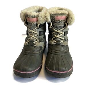 London Fog Tottenham Kids Gray and Pink Faux Fur Snow Boots